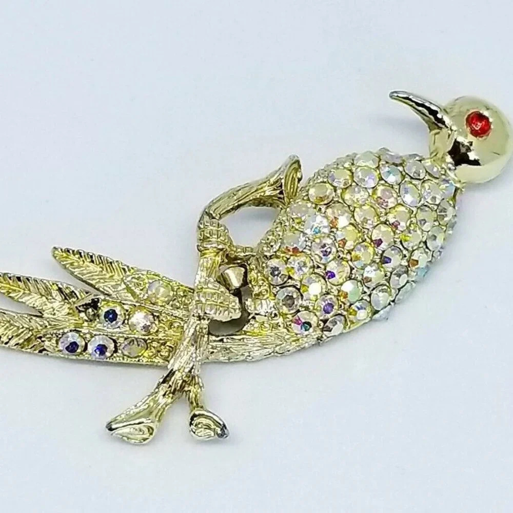 Clear Aurora Borealis Rhinestone Red Eyed Bird Pin